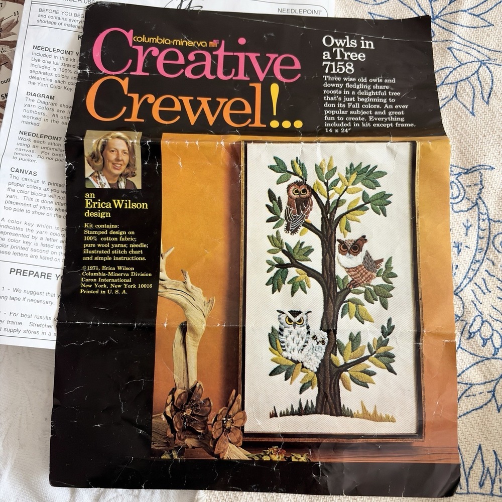 Owls In A Tree Columbia Minerva Creative Crewel 7158 Kit 1971 Erica Wilson READ